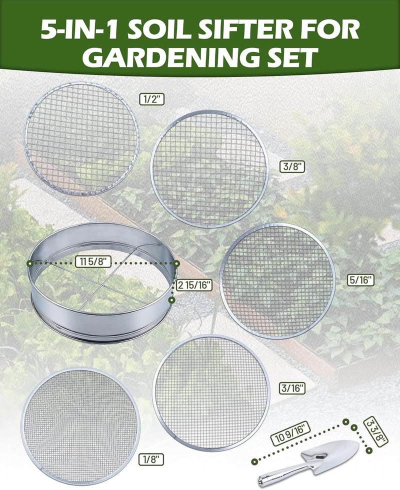 HIPULX 5-in-1 Soil Sifter Set with 5 Replaceable Stainless Steel Mesh Screen & Shovel (1/8" to 1/2"), Soil Sifter for Soils, Compost, Bonsai, Cat Litter and More（11-5/8" Diameter） - Image 3